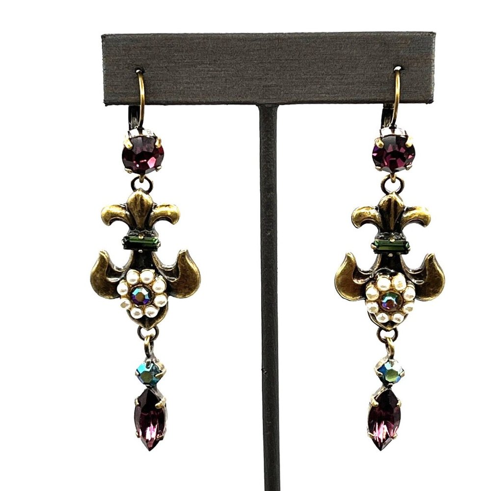 Signed AVGAD ISRAEL Victorian Revival Crystal Pearl Pierced Earrings 3"